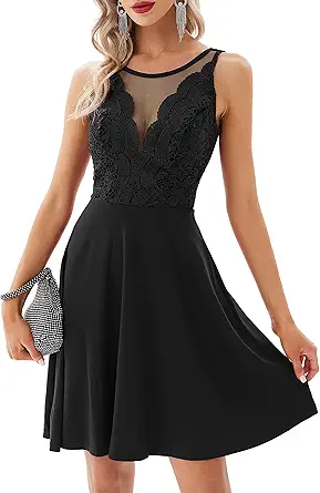 GRACE KARIN Women Sleeveless Lace Patchwork Deep V-Neck A Line Flared Party Dress