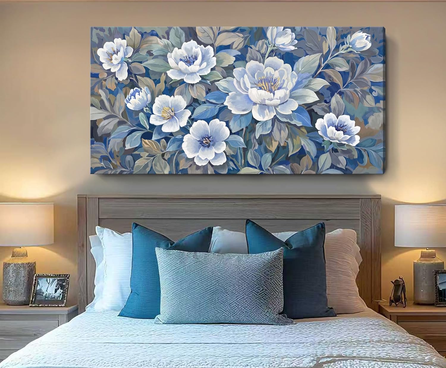 ARTZON Oversized Wall Art Flower Pictures Wall Decor – Blue and White Peony Blossom Extra Large Canvas Prints Vibrant Botanical Nature Artwork for Living Room Women Bedroom Dining Room 58x29 Inch
