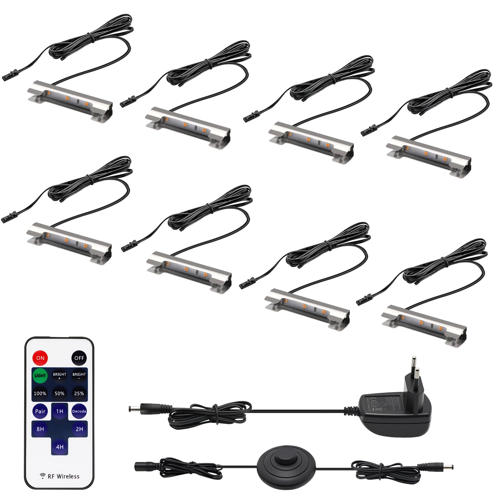 Glaskantenbeleuchtung LED Vitrinenbeleuchtung LED mit Fußschalter und RF-Fernbedienung,Clips Warmweiß Glaskantenbeleuchtung Dimmbar für Glasvitrine, Vitrinen, Regale, Tisch, Displays 8er Set