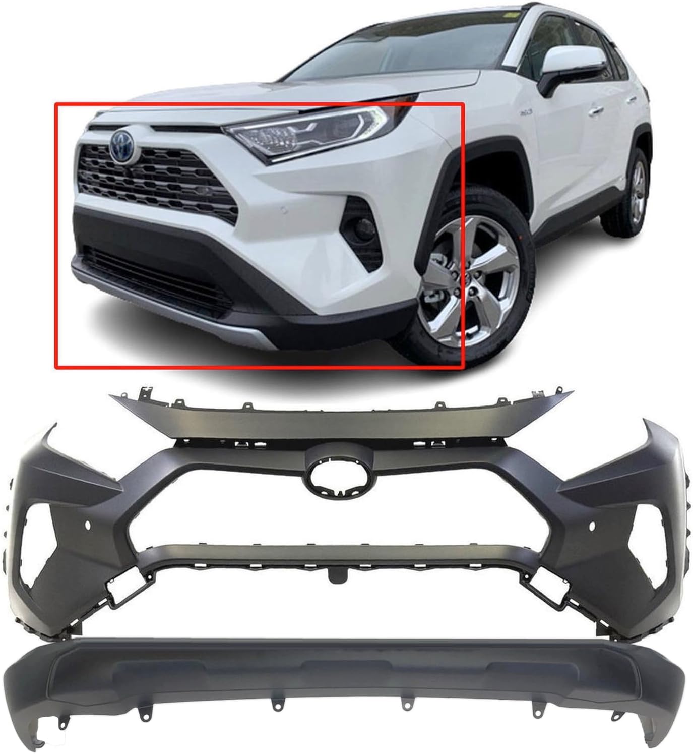 FitParts Compatible with Front Bumper Covers Kit 2019-2023 Toyota RAV4 XLE Premium XSE W/Park Assist and Tow Hook Holes TO1000452 TO1095213, 521194A918 524110R130