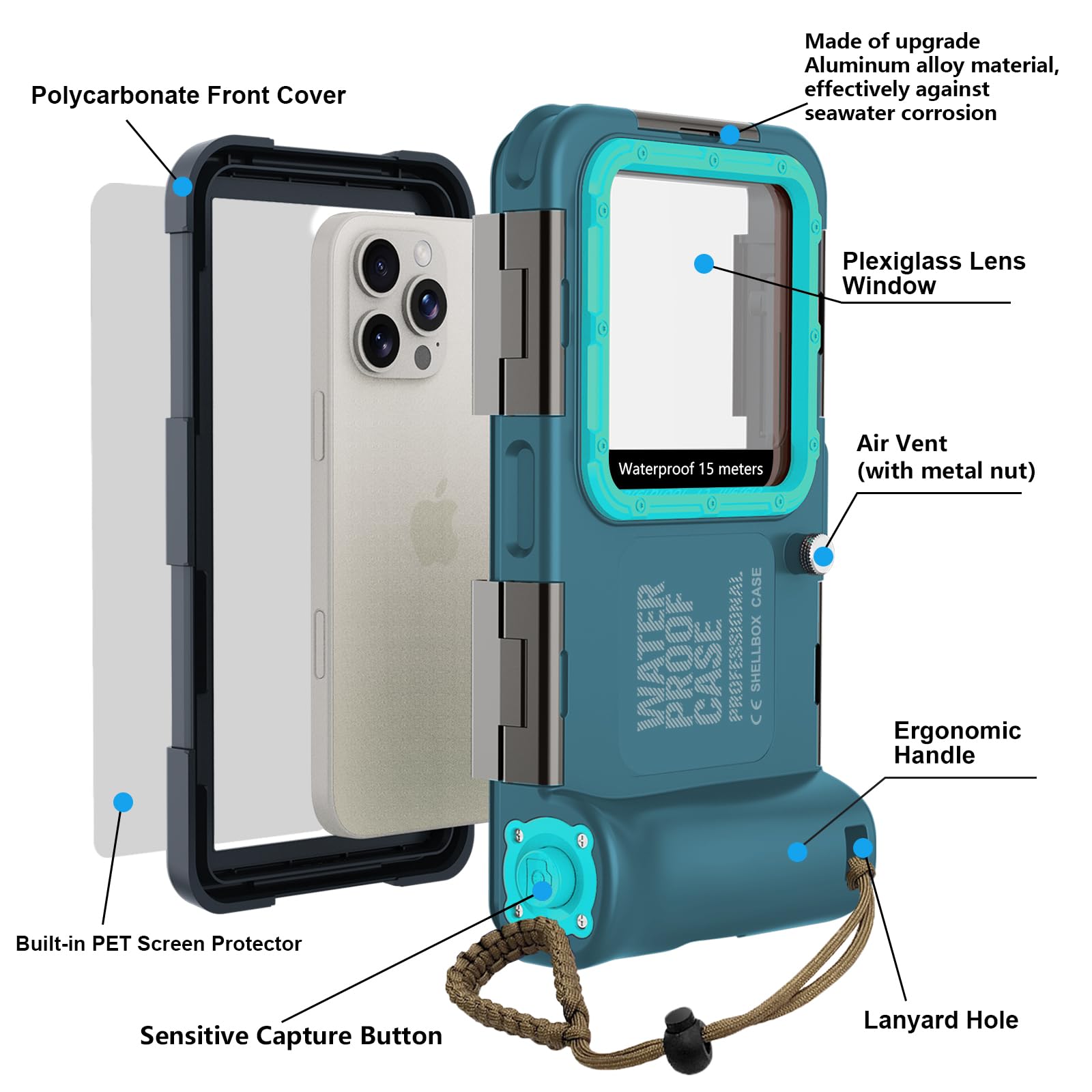 Kfisiso - Funda impermeable para teléfono de buceo, ajuste universal con iPhone 17/16/15/14/13 Pro Max Plus (tecla de volumen del teléfono a la izquierda), carcasa subacuática profesional para buceo