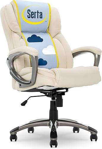 Serta Silla ergonómica ajustable de oficina ejecutiva con almohadas corporales en capas borde del asiento de cascada cuero adherido blanco marfil Serta Silla ergonómica ajustable de oficina ejecutiva con almohadas corporales en capas borde del asiento de cascada cuero adherido blanco marfil