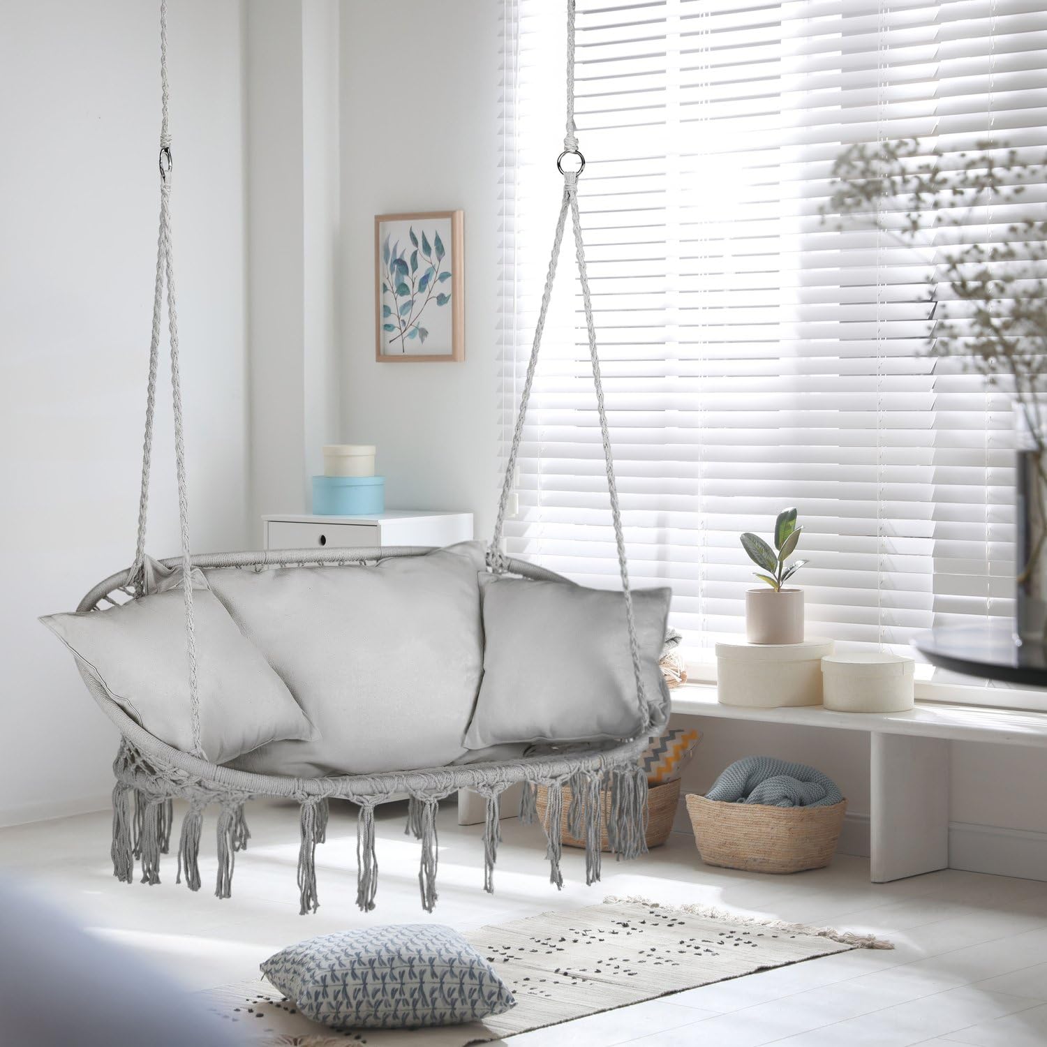 Fauteuil Suspendu 2 Personnes XXL avec 3 Coussins, Chaise Suspendue de jusqu'à 200 kg, Siège Suspendu Exterieur et Intérieur pour 2 Place, Fauteuil Balancoire Bohème, Ideal pour Jardin, Gris