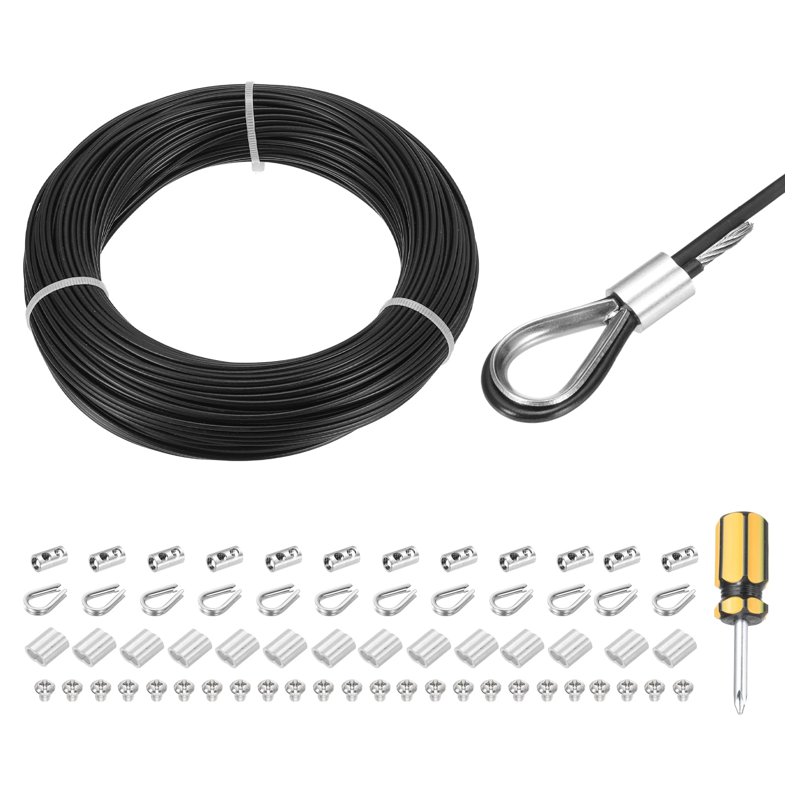 sourcing map 1 set di cavi in acciaio inossidabile 304 da 50 m, rivestimento in vinile da 3 mm con morsetto, manicotti in alluminio e ditale per ringhiere, terrazze, appendiabiti, colore nero, 50 m
