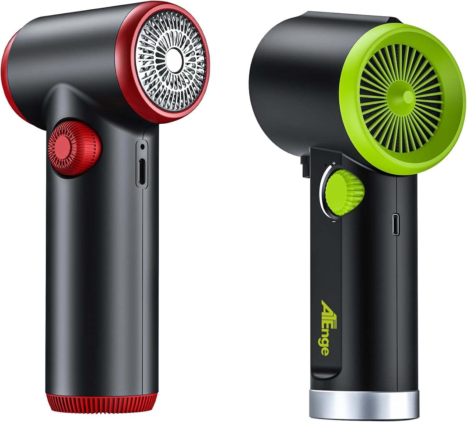 Side view of the ATEngeus Air Duster (red model) showing the charging port and the stepless knob switch.