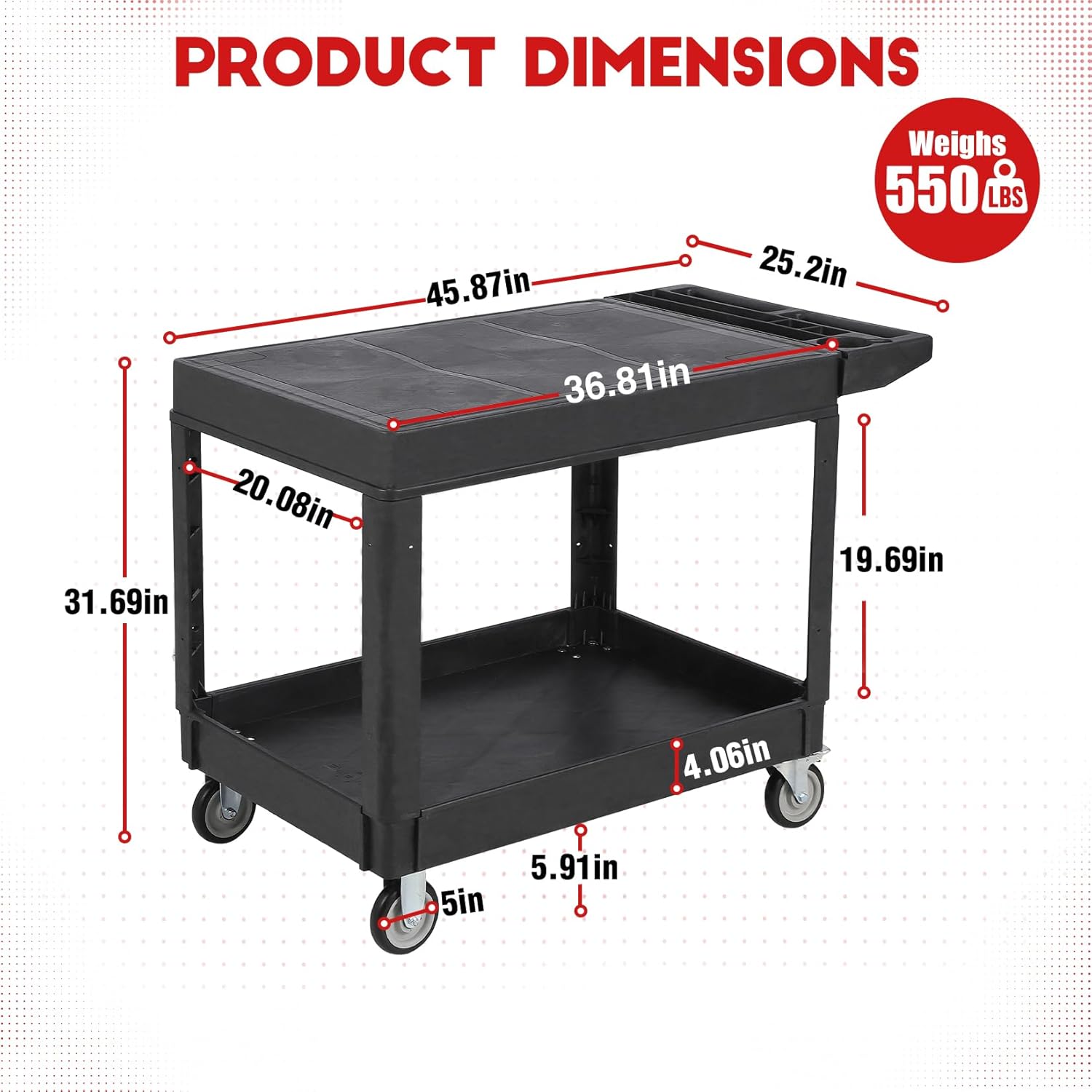 Large Heavy Duty Plastic Utility Service Cart Flat top 45.8 x 25 Inch, Work Cart Flat Shelves Holds up to 550 lbs - 2 Tier Service Cart with 360°Swivel Wheels (2 with Brakes) Black