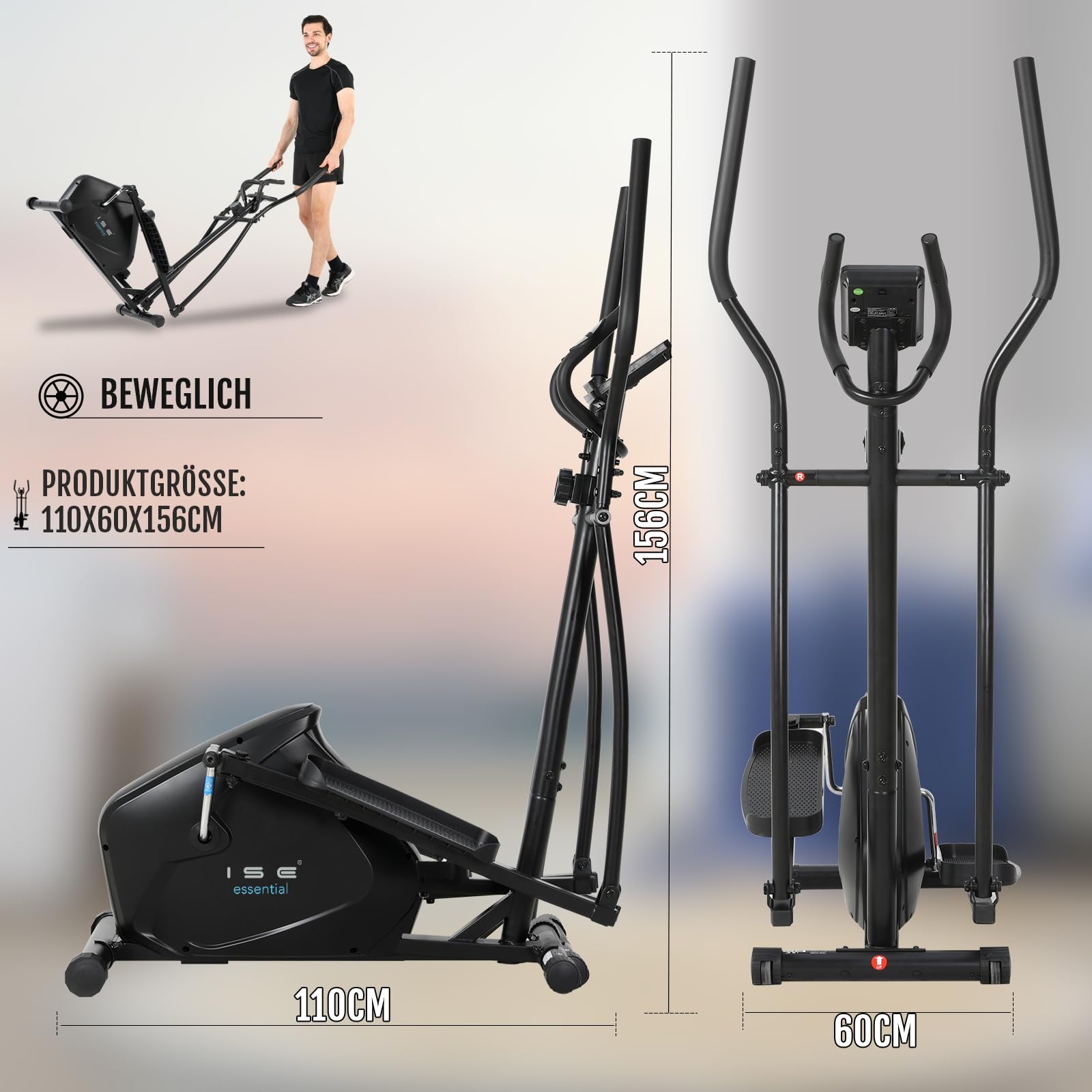ISE Orbitrek o długości kroku 28 cm do domu, ultralekki trenażer eliptyczny z 8-stopniowym oporem, magnetyczny trener eliptyczny, składany z monitorem LCD, czujnikami tętna
