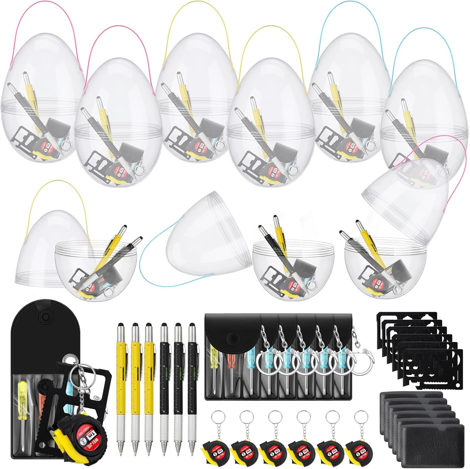 Chumia 30 Pcs Easter Gifts for Men Employee Coworkers Bulk 10'' Giant Easter Eggs Mini Measuring Tape Screwdriver Keychain Set Multitool Pen Card Tool for Easters Party Favors Basket Stuffing