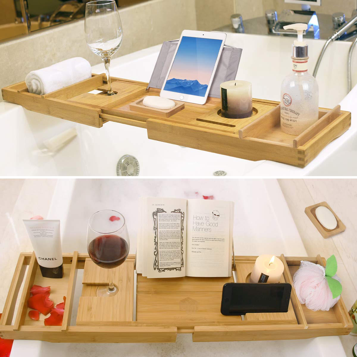 BDL Expandable Bathtub Caddy Tray With Wine Glass Holder & Tablet Stand - Bronze