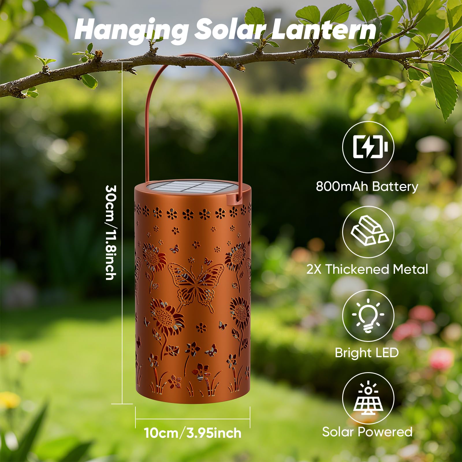 Lanterne solari impermeabili per esterni, lanterna decorativa con motivo girasole e farfalle, per giardino, patio, cortile, regalo da donna per proprietari di case e coppie, confezione da 2