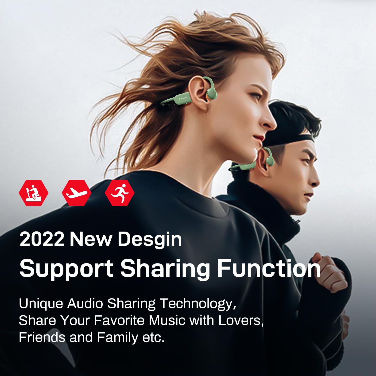 DACOM Zestaw słuchawkowy z przewodnictwem kostnym, bezprzewodowe słuchawki sportowe Bluetooth 5.3, IPX7, wodoodporne, 2 w 1, otwarte ucho, z mikrofonem do biegania, wędrówek, treningu treningowego