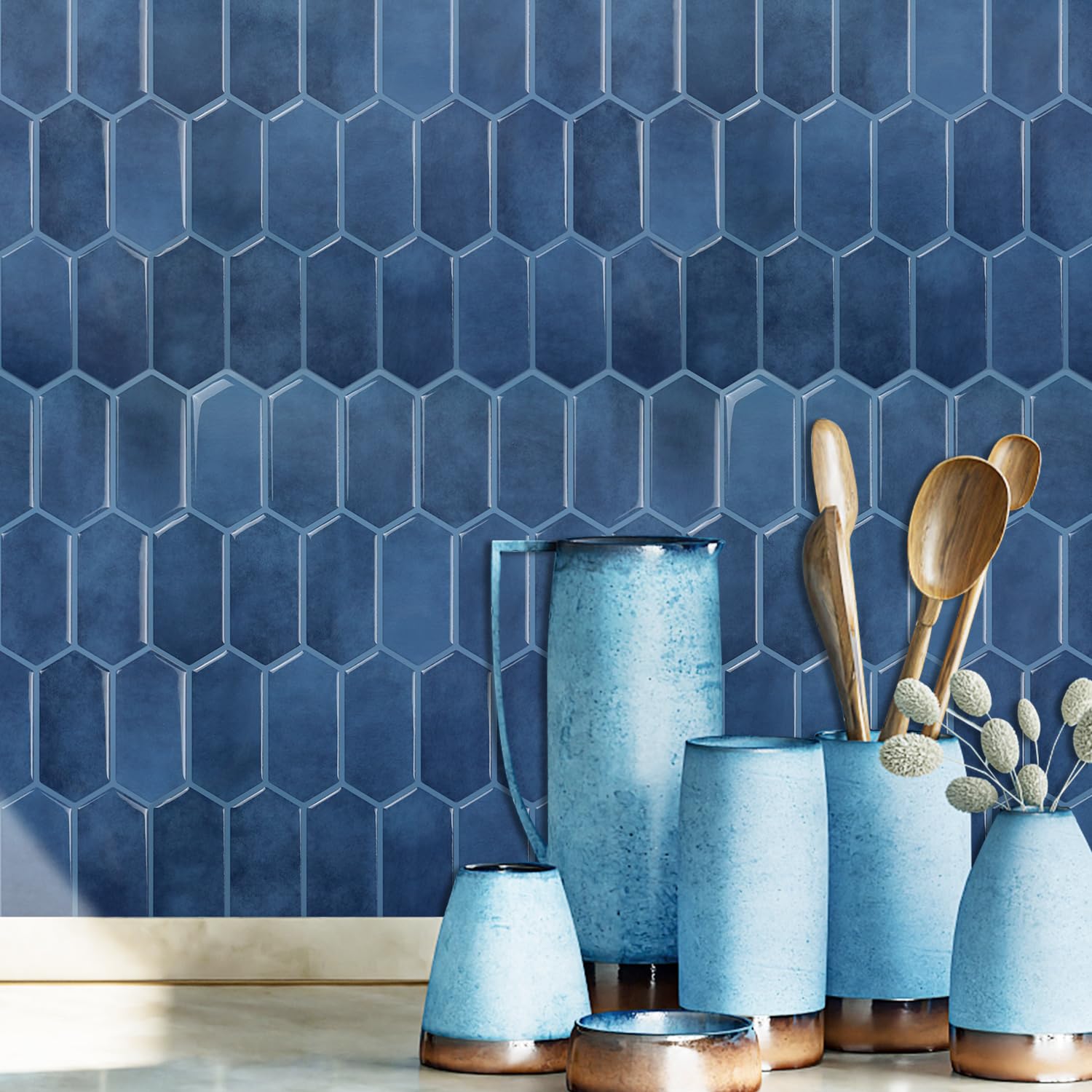 Carreaux muraux autocollants 3D métro bleu Alwayspon pour cuisine 30,5cm