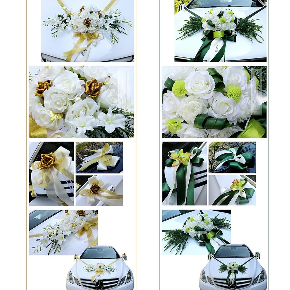 Autoschmuck Hochzeit Set Blume Hochzeitsdeko Autoschleifen Auto Blumenschmuck Hochzeitsschmuck mit Saugnäpfen Autodekoration Auto Schmuck Dekoration für Hochzeit Zeremonie Set 3#