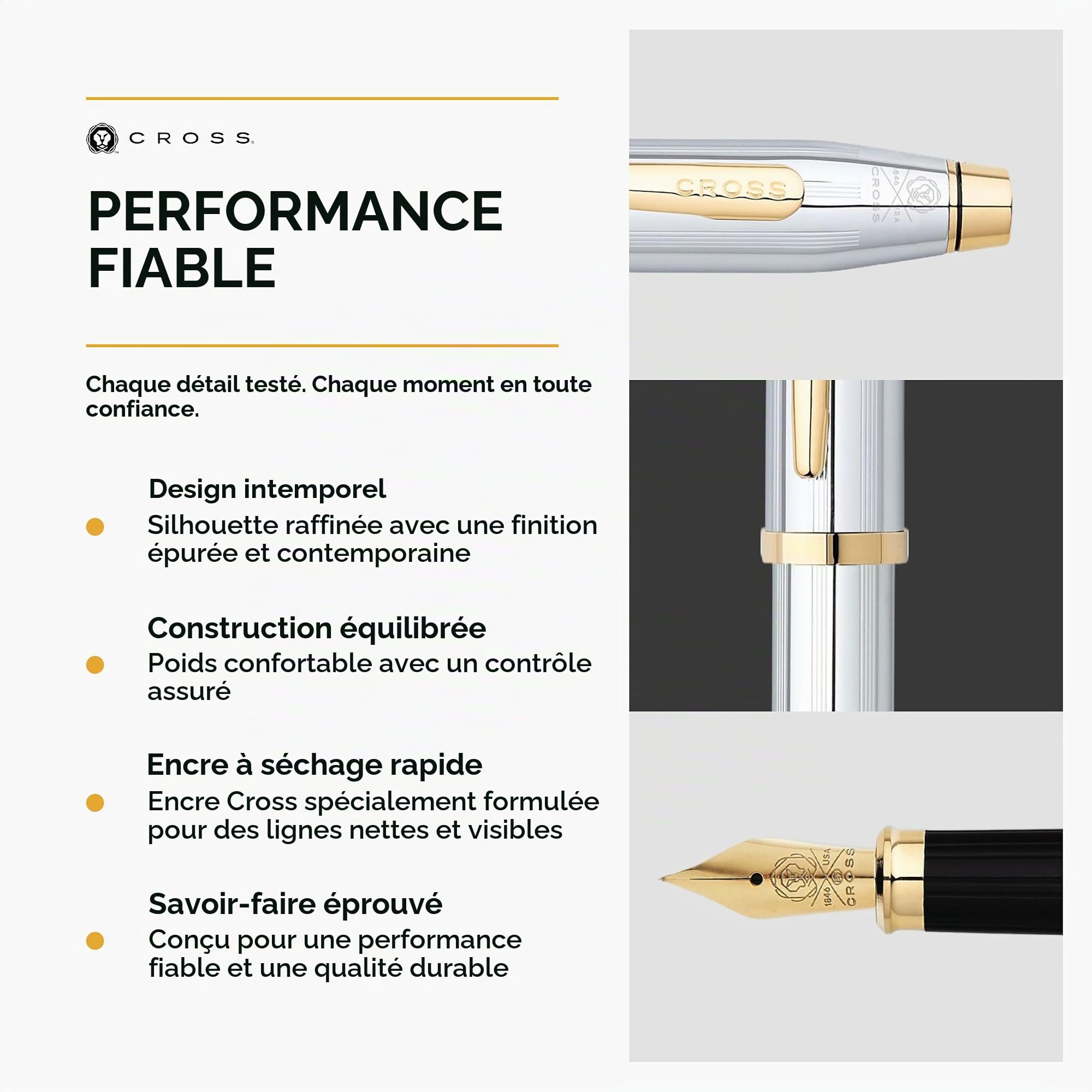 CROSS Century II Medalist - Stylo plume rechargeable - Avec atrributs plaqués or 23 carats - Pointe moyenne - Écrin classique et deux cartouches incluses