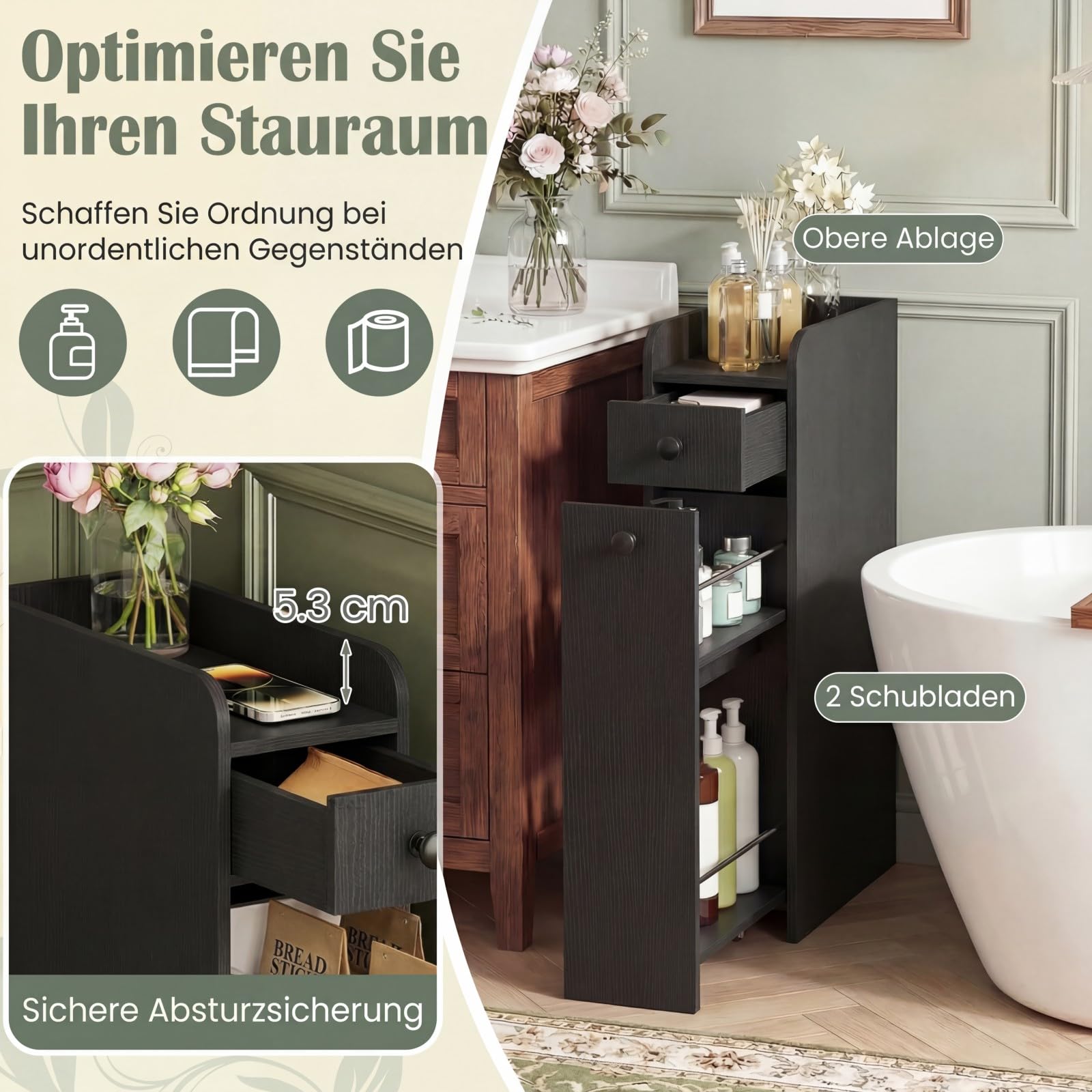 GIANTEX Badschrank 40x18x70 cm, schmaler Badezimmerschrank mit Universalrollen, Nischenschrank mit 2 Schubladen, Nischenwagen Rollschrank Holz, Aufbewahrungsschrank für Bad, Küche (Schwarz)
