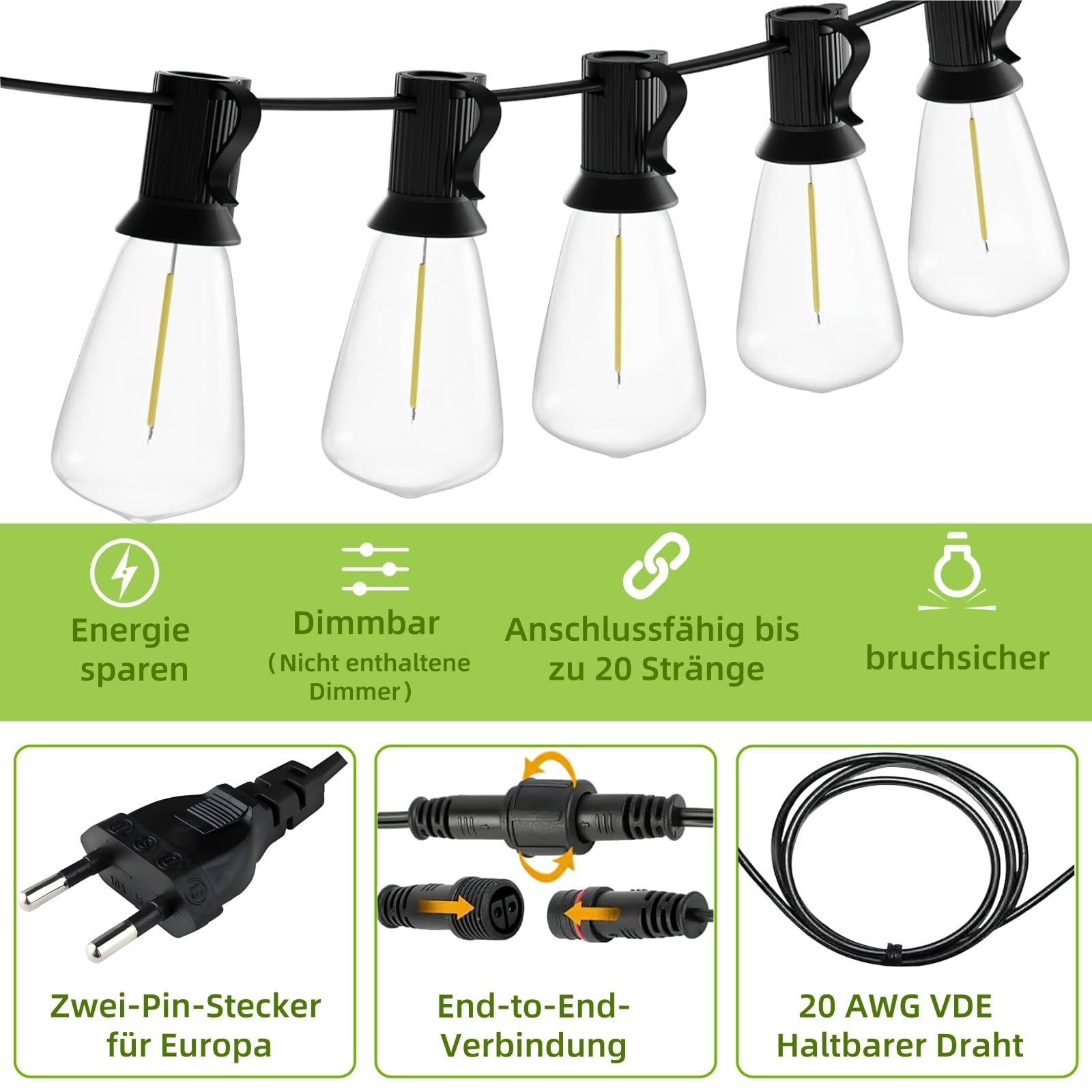 AzureStar Catena luminosa per esterni, 30 m, 100 m, estendibile, per esterni, IP44, impermeabile con 50 + 2 ST38 LED, in plastica, luce bianca calda, per esterni, giardino, terrazza, matrimonio