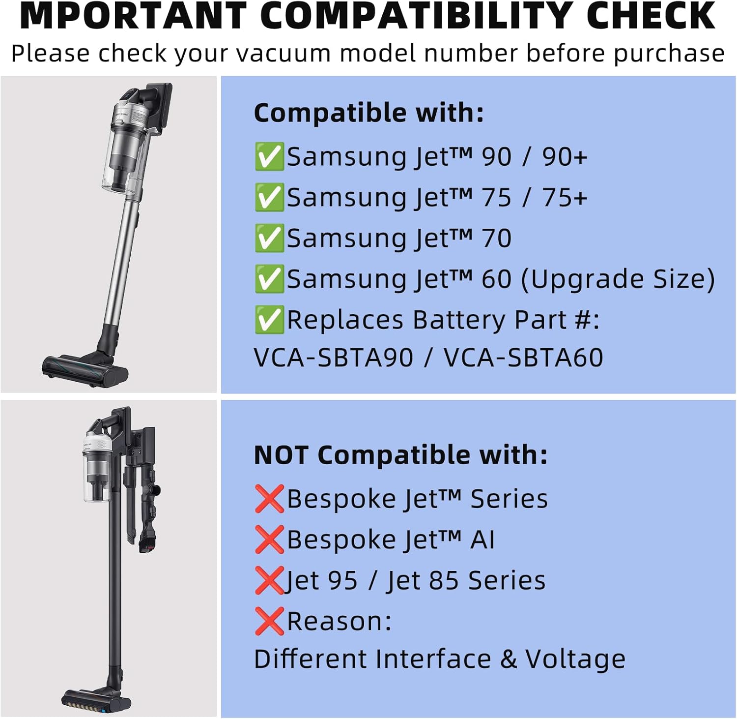 4000mAh Replacement Battery for Samsung Jet 90, Jet 75, Jet 70, Jet 60 Series Cordless Stick Vacuum, Compatible with VCA-SBT90 VCA-SBT90EB VCA-SBTA60, 21.6V Li-ion Battery Pack