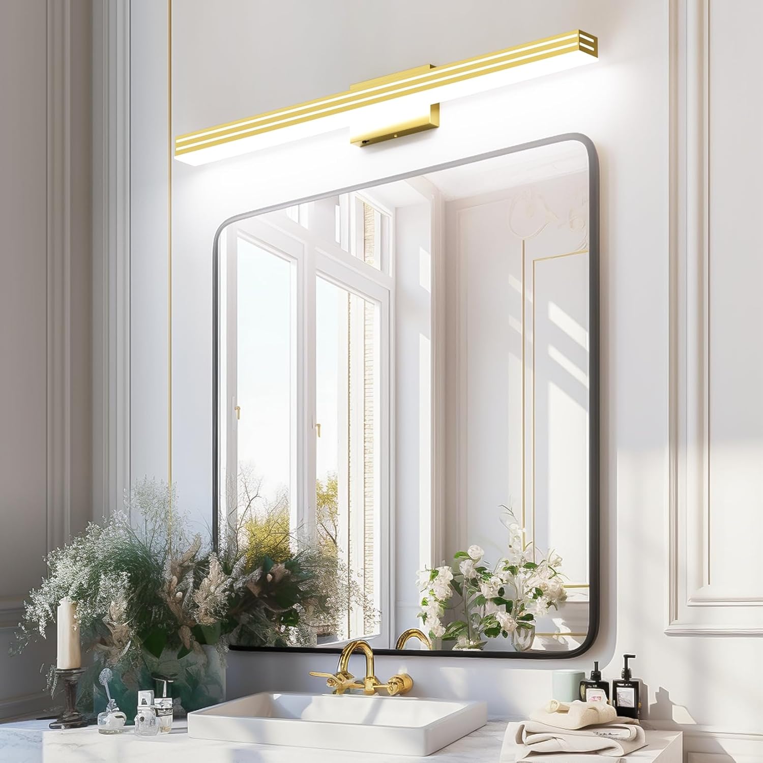 Ralbay 40inch Gold Vanity Light with 5 Color Temperature (2700K-6000K) Dimmable Acrylic Metal 36W LED Modern Matte Gold Bathroom Lighting Over Mirror
