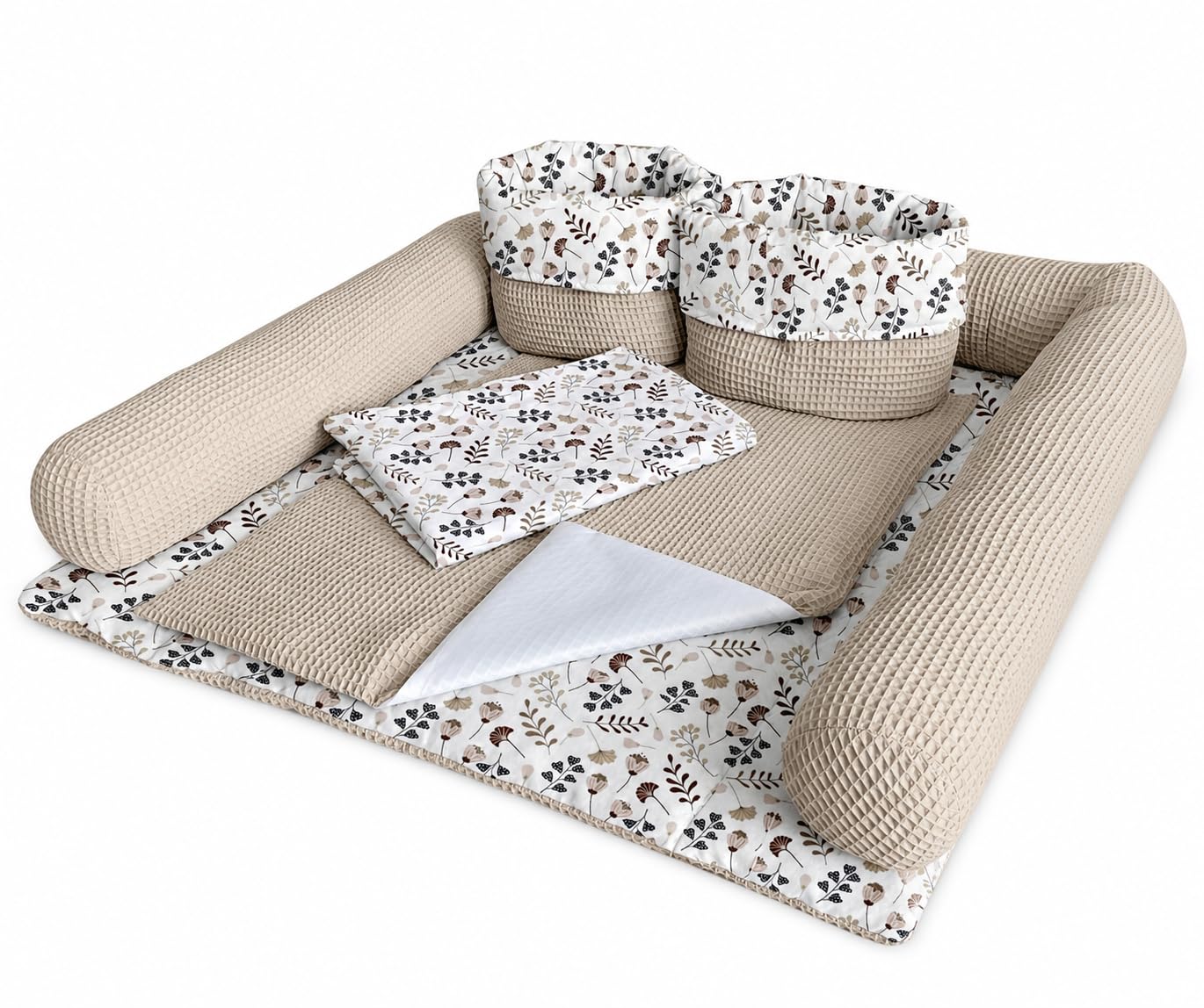 Wickelauflage Set 6-teilig – Wickelunterlage aus Baumwolle & Waffelstoff – Baby Wickelauflage – Geschenk zur Babyparty – Wickeltischauflage – 75x75 cm (Breite x Tiefe), Zweige und Sand
