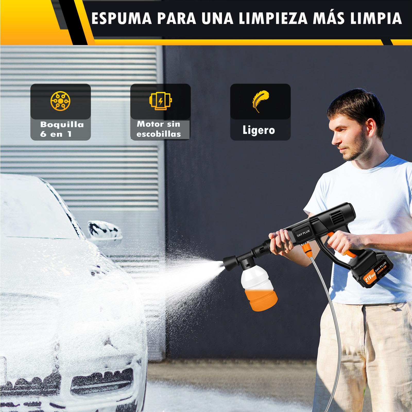 Hidrolimpiadora sin Cable,45 Bar/652 PSI Hidrolimpiadora portátil con batería de 2X 3.0Ah,Boquilla Ajustable 6 en 1,Manguera de 16.4FT Limpiadora a presión para Coche/Suelo/jardín Limpieza y riego