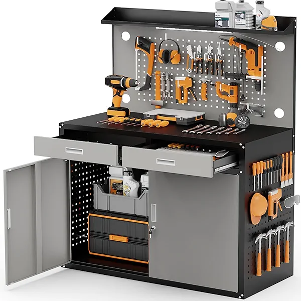 Rumetol 48" Heavy Duty Garage Workbench with Storage Drawers & 3-Side Pegboard,2000lbs Capacity Metal Work Bench with Lockable Magnetic Cabinets,Adjustable LED Light for Workshop/Garage Organization