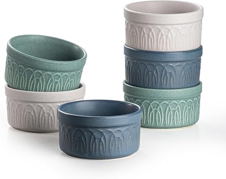 DAFUCERAMIC Ramekins 8 Oz Oven Safe, Ceramic Creme Brulee Souffle Dishes, Pudding Custard Cups Ramekin For Baking, Small Dipping Sauce Bowls, Set of 6, Microwave and Dishwasher Safe Assorted Neutrals