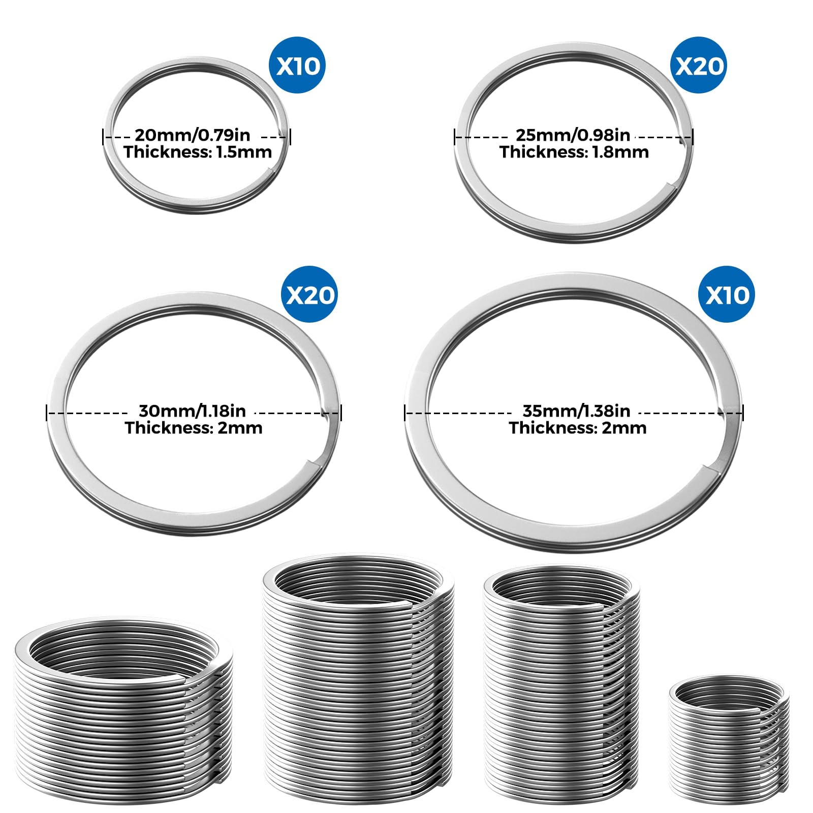 60 Pcs Silver Metal Key Rings - 20/25/30/35mm Split Rings For Keys, Tags, Crafts