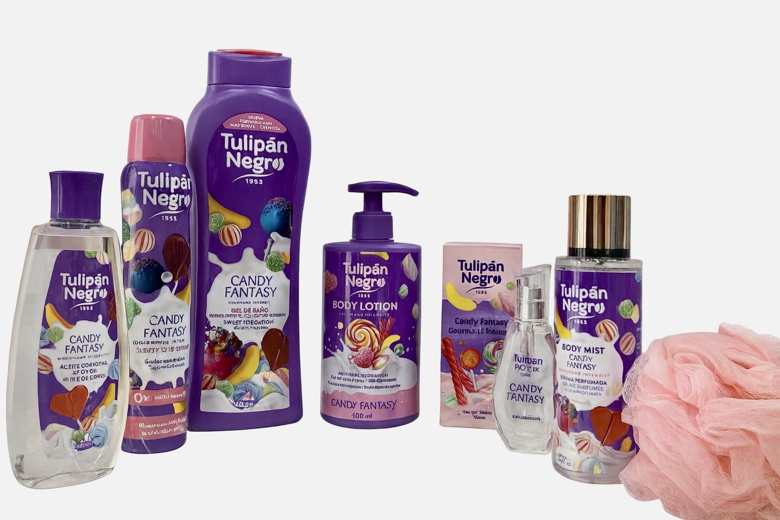 CESTA/SET Tulipán Negro Candy Fantasy Set de Baño, Gel de Ducha, Loción Corporal, Desodorante, Esponja, Fragancia Dulce, Aceite Corporal y Bruma Corporal Spray 7 Piezas