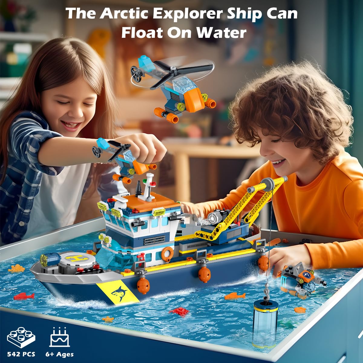 HOGOKIDS City Arctic Explorer Set di costruzioni navali con luce LED - Divertente kit di blocchi da costruzione galleggianti regalo per l'esplorazione dell'oceano per bambini bambine dai 6 anni in su