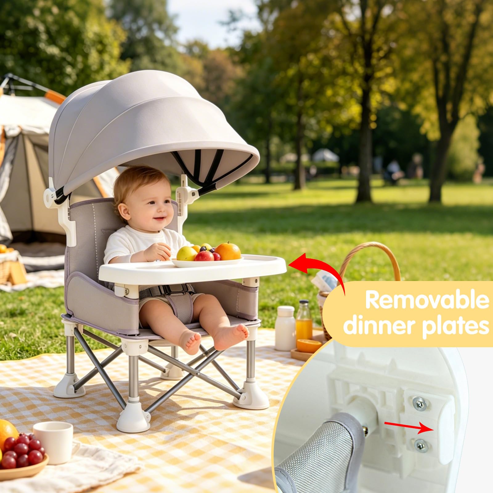 Baby Campingstuhl, Tragbarer, zusammenklappbarer Kinderhochstuhl, für drinnen und draußen geeignet, Kinderklappstuhl mit abnehmbarem Tablett, 6 Monate - 6 Jahre (Grau)