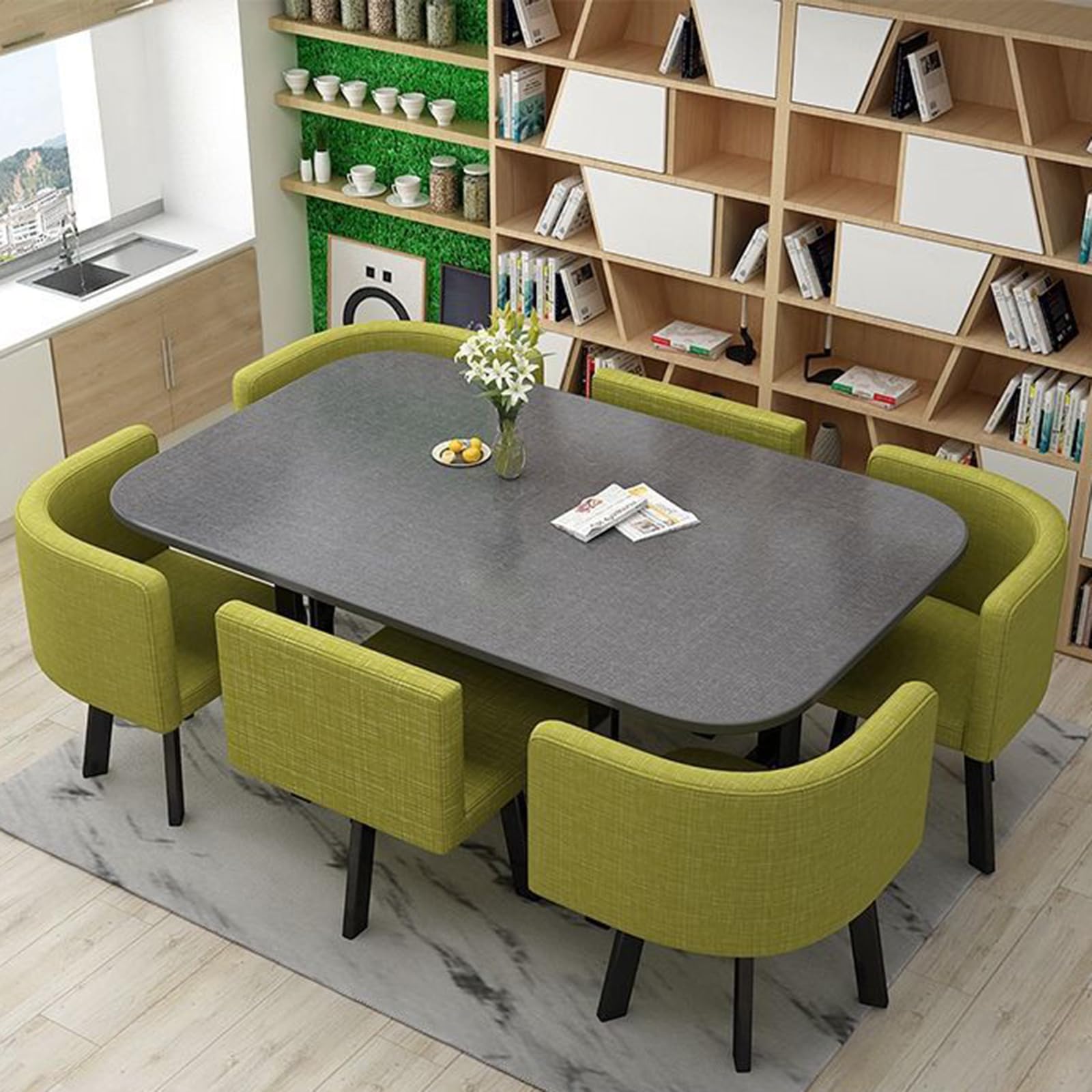 7-częściowy zestaw do jadalni ze sztucznego marmuru z 6 krzesłami tapicerowanymi, prostokątne meble kuchenne do salonu, kącika śniadaniowego, jadalni, elegancki stół 90 x 150 cm