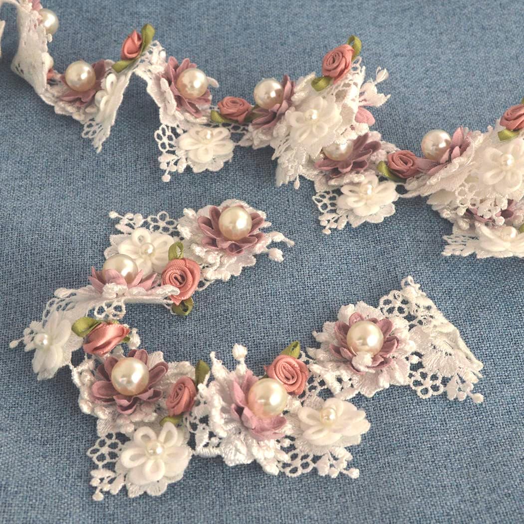 2 Yard Vintage Pearl Flower Ribbon Scallop Edge Trim Sewing Lace Trim Handmade DIY Sewing Supplies for Dress Embellishment (Pearl lace)