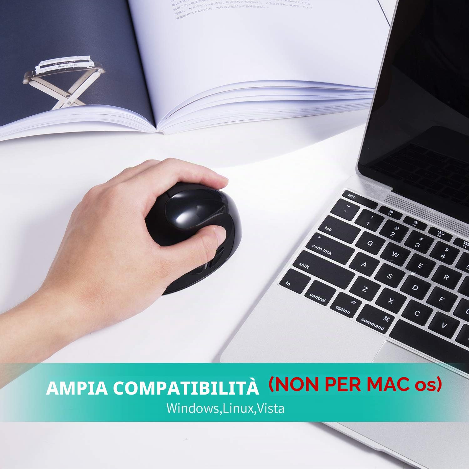 AURTEC Mouse Sinistro, Mouse Verticale Ergonomico Wireless Ricaricabile 2.4G con Ricevitore USB, 6 Pulsanti e 3 DPI Regolabile 800/1200/1600 per la Mano Sinistra, Nero