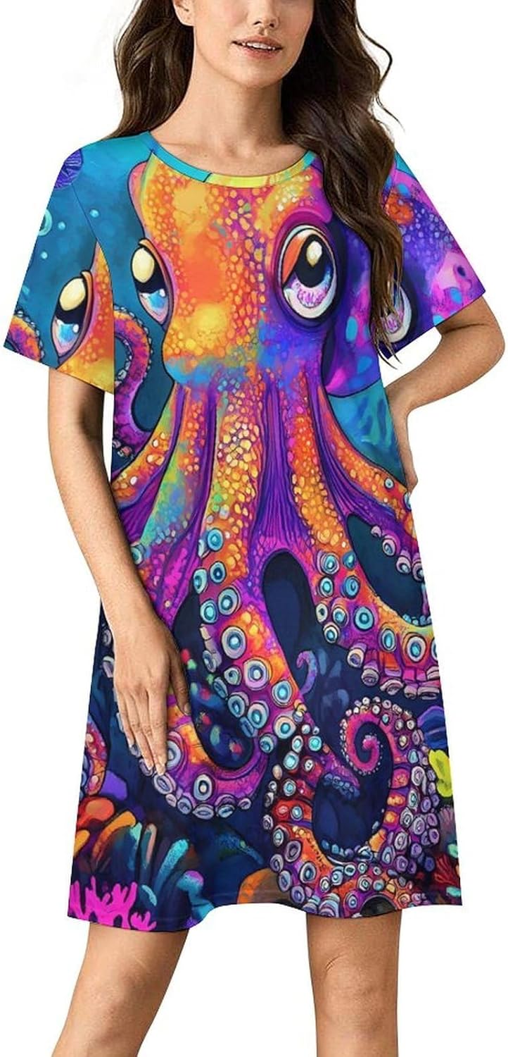 Colorful Octopus Nightgowns for Women Short Sleeve Sleep Dress Casual Sleepshirt Night Gowns Pajamas