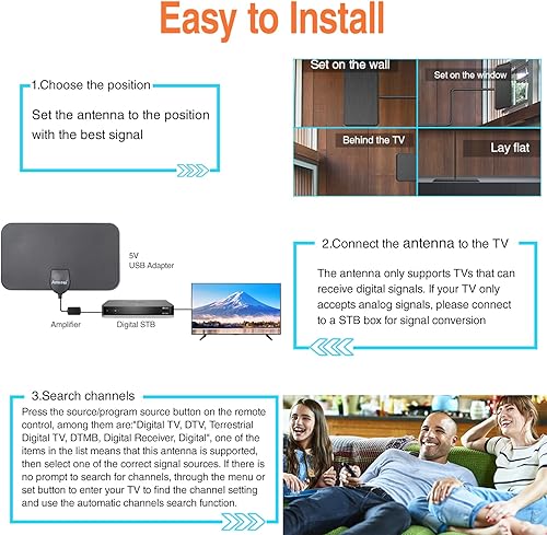 Miniatura 7 de Amazqi TV Antenna - 2024 Update Indoor TV Antenna 250+ Miles Long Range, Digital Freeview TV Aerial Supports 4K 1080P All TV'S with Signal Amplifier