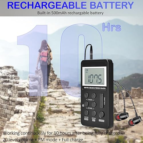 Miniatura 5 de Radio de bolsillo portátil AM/FM con pantalla LCD de sintonización digital, mini radio recargable SWDSTP con auriculares estéreo y clip de cinturón
