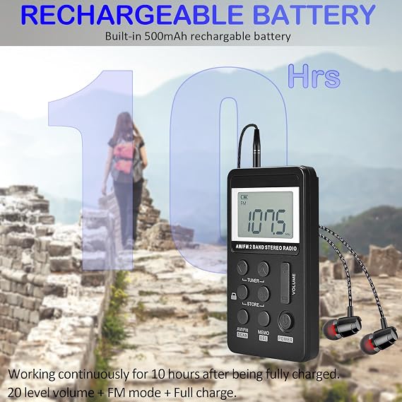 Portable AM/FM Pocket Radio with Digital Tuning LCD Display, SWDSTP Rechargeable Mini Radio with Stereo Earphone and Removable Belt Clip for Walking, Jogging