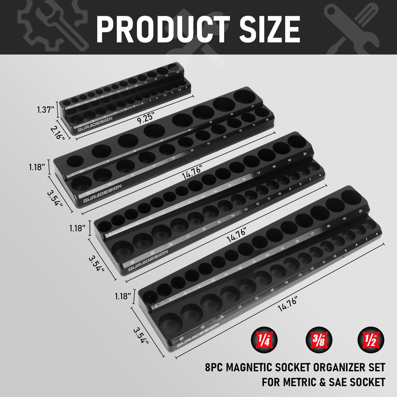 Set di 8 organizer magnetici per prese, supporto magnetico per prese da 1/4", 3/8", 1/2", contiene 171 vassoi magnetici.