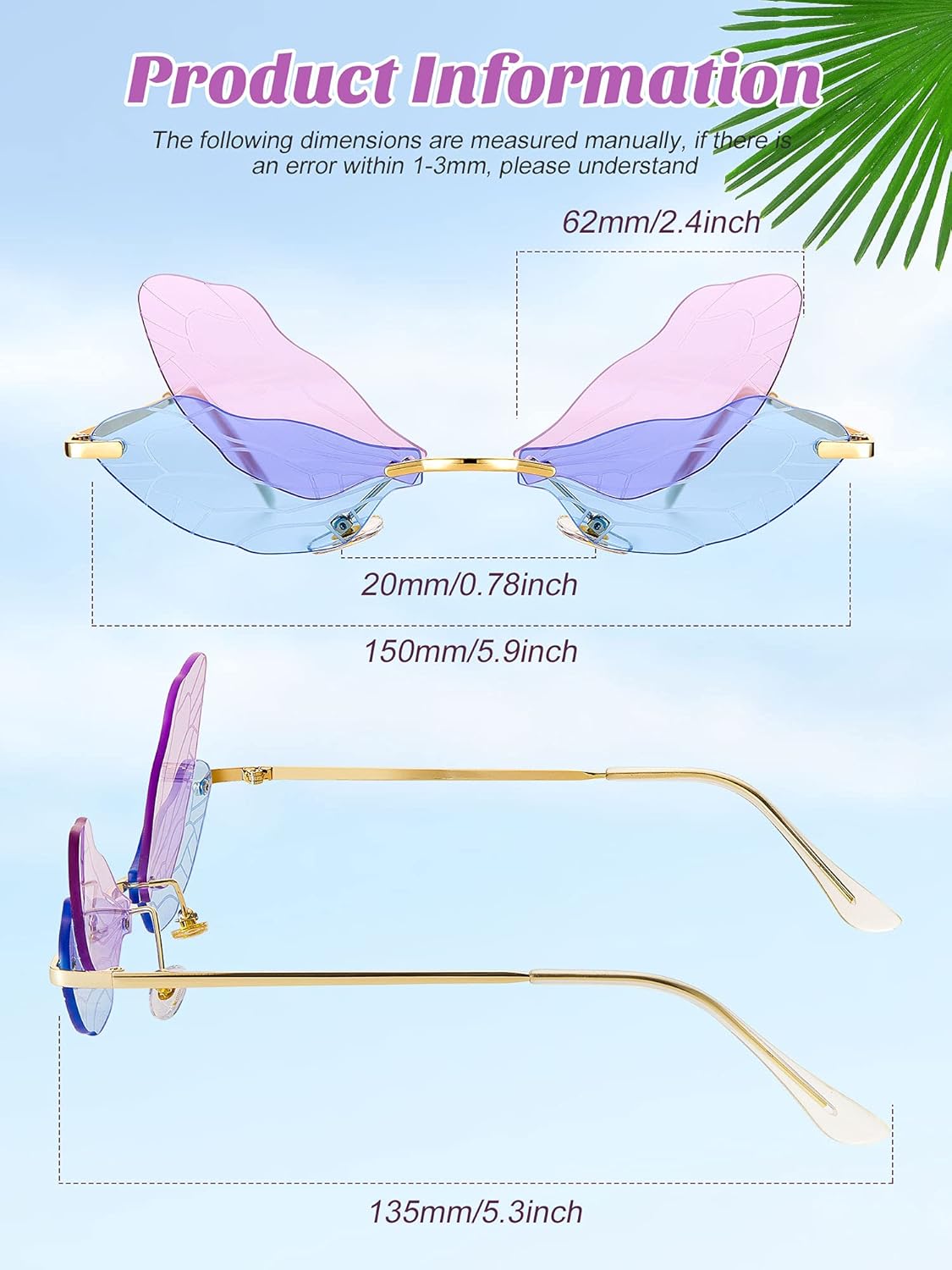 Frienda 4 Pairs Dragonfly Sunglasses Rimless Butterfly Sunglasses Fairy Wings Shaped Glasses Frameless Irregular Vintage Glasses Valentines Day Gifts for Women Men - Image 4