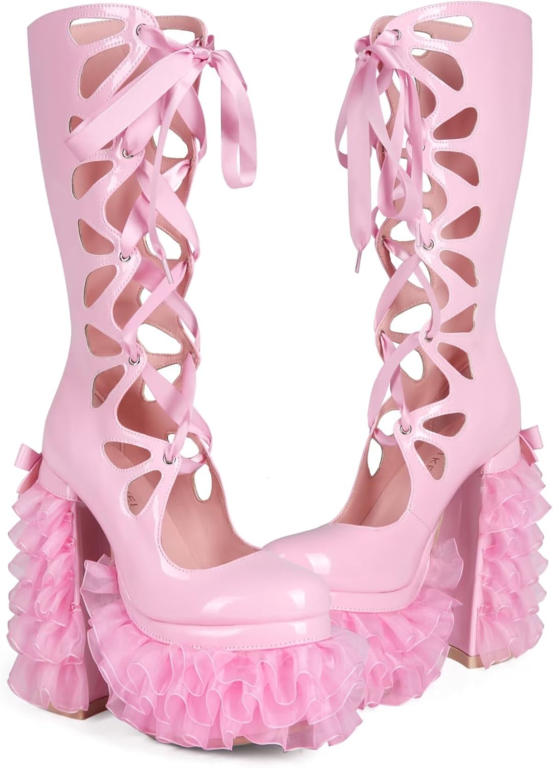 Kawaii Sweet Lolita Chunky Platform Knee High Heeled Boots, Cosplay Anime Patent Bow Ribbon Satin Lace Butterfly, Y2K Gothic Hot Cute Lovely Girl Big Large Size Shoes For Women Men