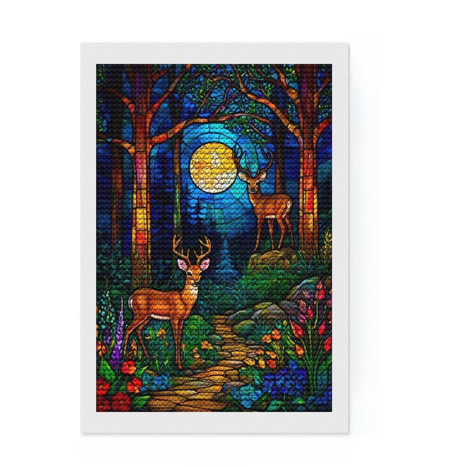 Junmoney Stained Glass Forest Diamond Art Kit 8"x12", Fun Craft Experience, Boho Decor, for Teens, Thoughtful Handmade Gift, Adhesive Canvas