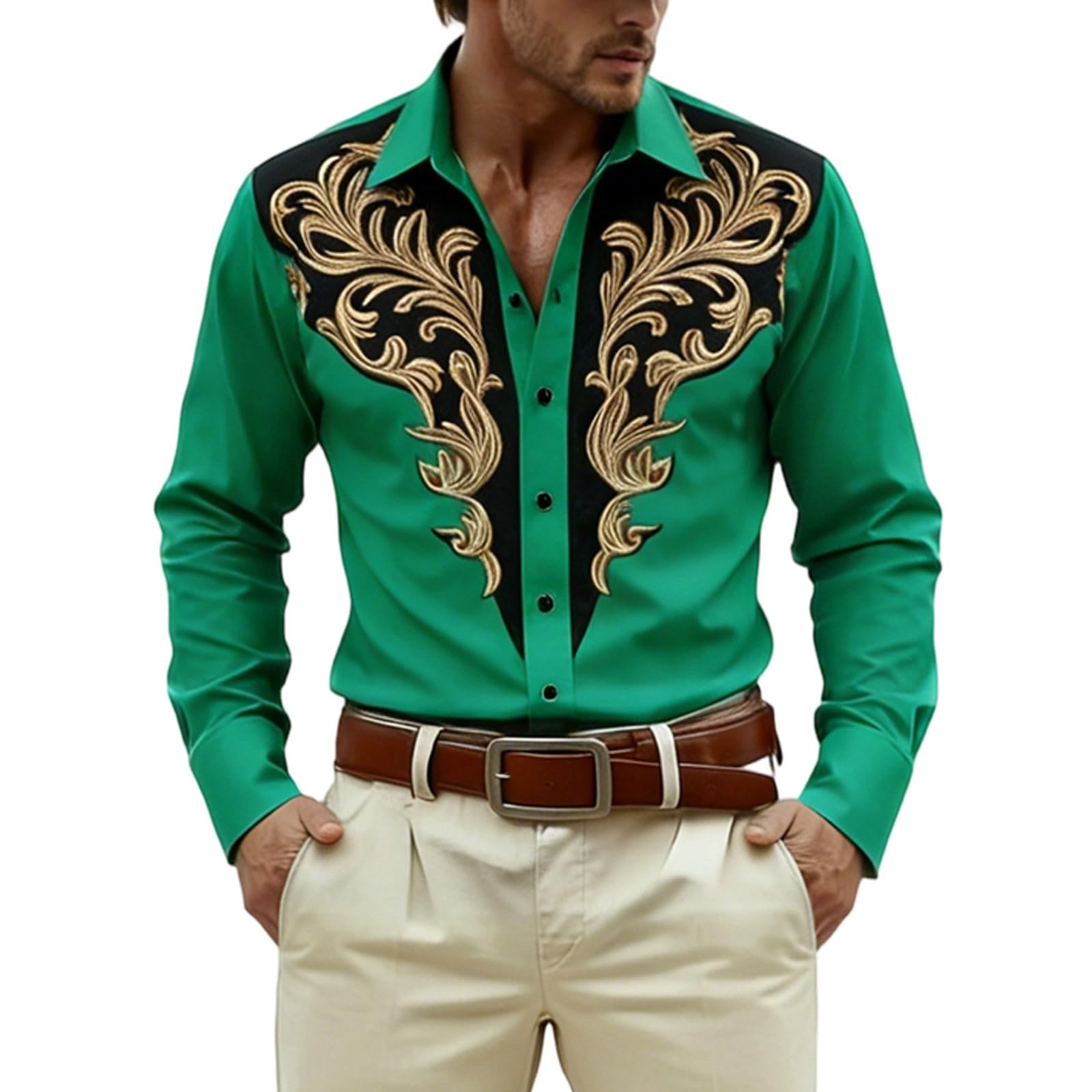 Long Sleeve Shirt with Print for Festive Western and Cowboy Outfits - Medieval Shirt with Buttons for Casual and Parties, Green, L — image 1
