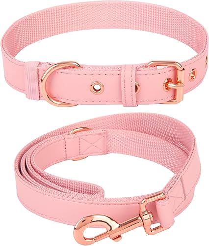 Juego de collar y correa para perro, collar de cuero suave para perro con hebilla de metal ajustable de oro rosa fácil de limpiar, correa duradera