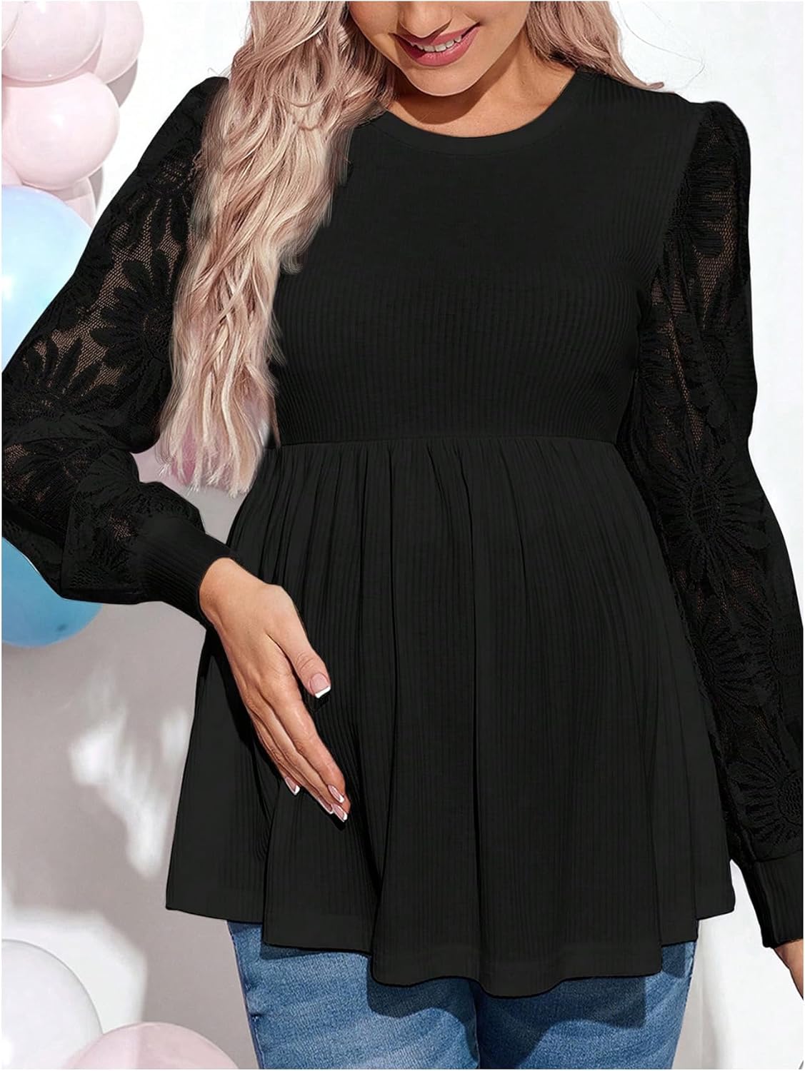SHENHE Women's Maternity Ribbed Top Lace Long Sleeve Ruffle Peplum Knit Shirt Dressy Pregnancy Top - Image 4