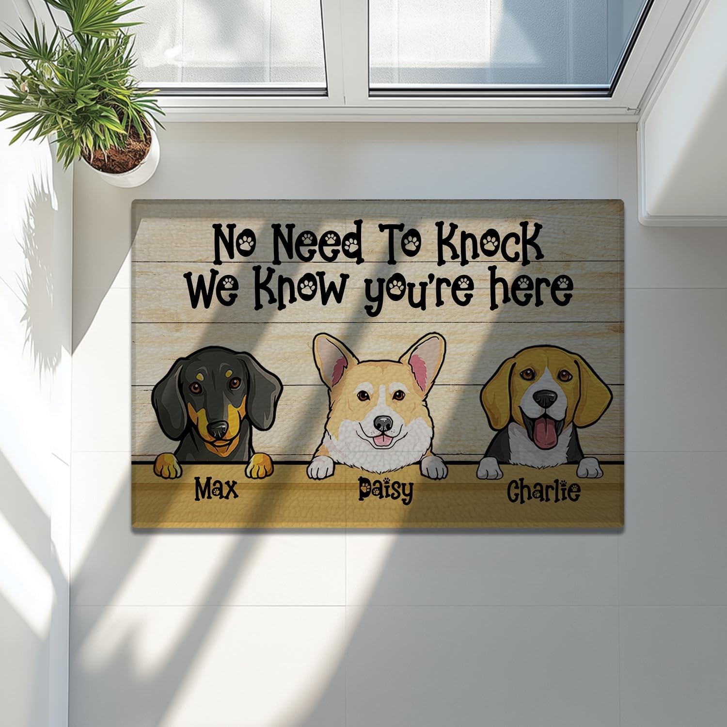 Personalized Welcome Doormat with Custom Dog Names – Cartoon Breed Illustrations – Durable Non-Slip Polyester Outdoor Rug Vibrant Fade-Resistant Colors – Ideal Housewarming Gift Indoor Sheltered Use