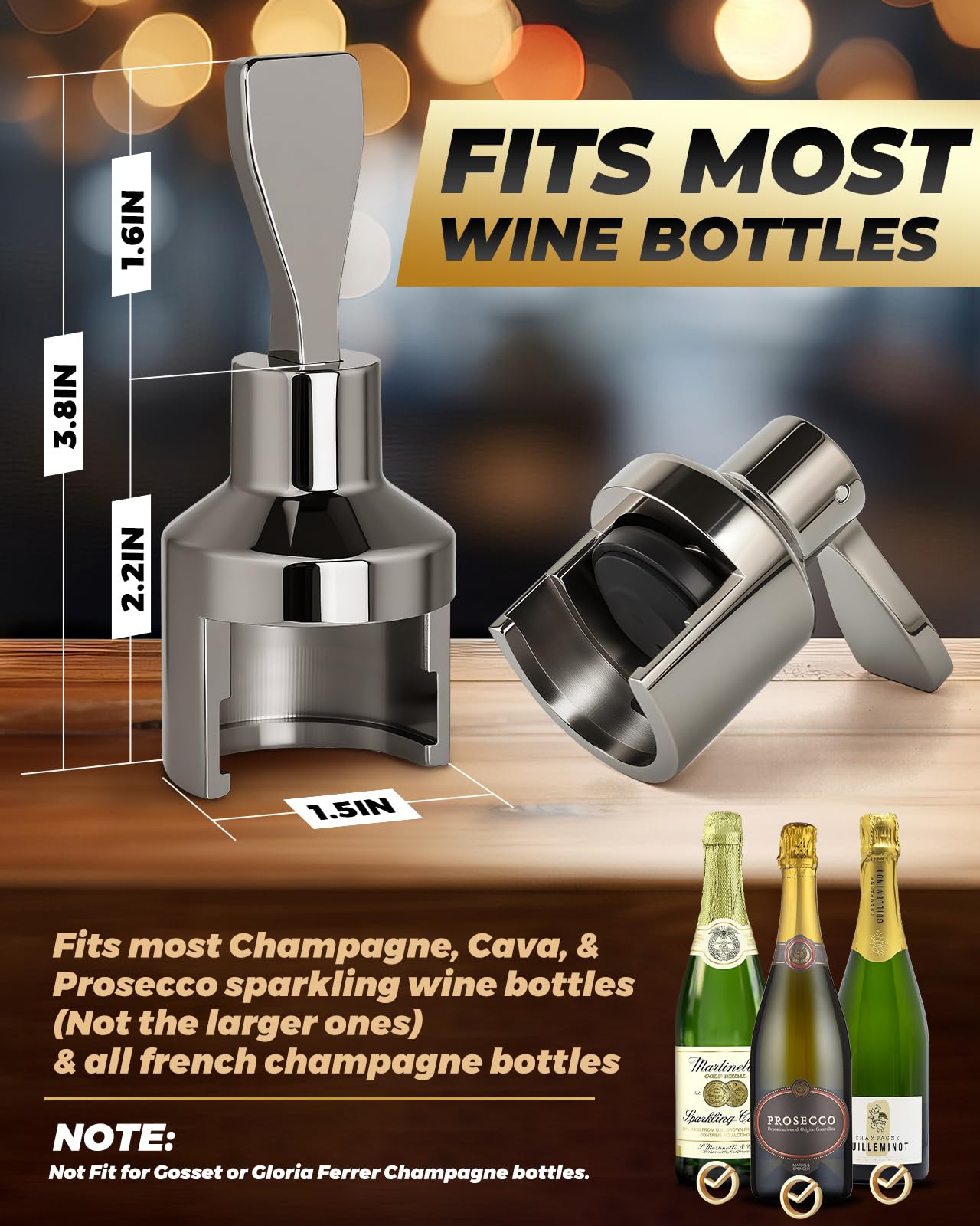 Ersatz für Le Creuset Champagnerverschluss, schwarzes Nickel, Zinklegierung, 100 % auslaufsichere Dichtung, hält Wein 2 Wochen frisch, perfekter Weinflaschenverschluss, Geschenk für sprudelnde