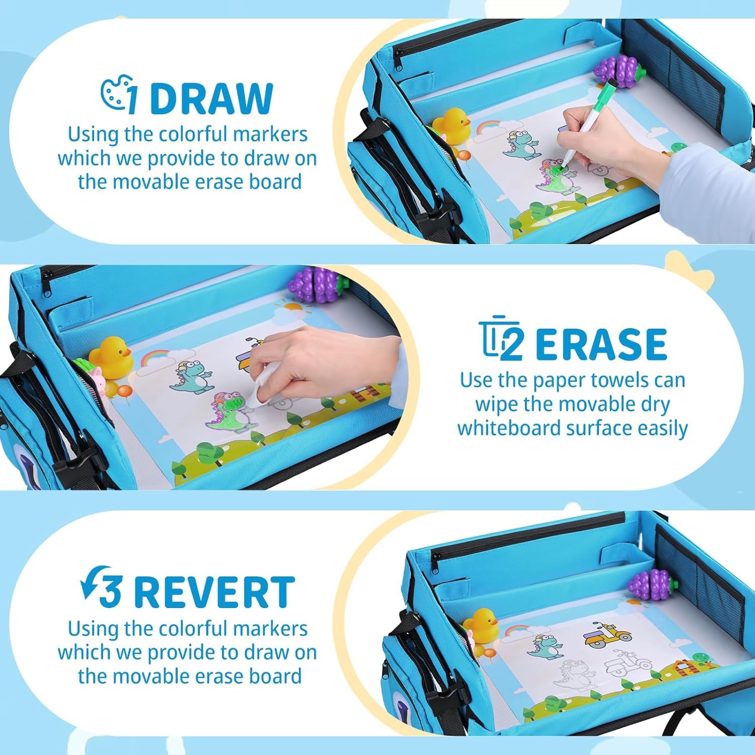 Plateau de Voyage, Plateau pour siège Auto pour Enfant avec Surface de Dessin effaçable Transparente, Plateau d'activités Polyvalent pour Enfants avec 6 stylos et 5 Cartes à Dessin
