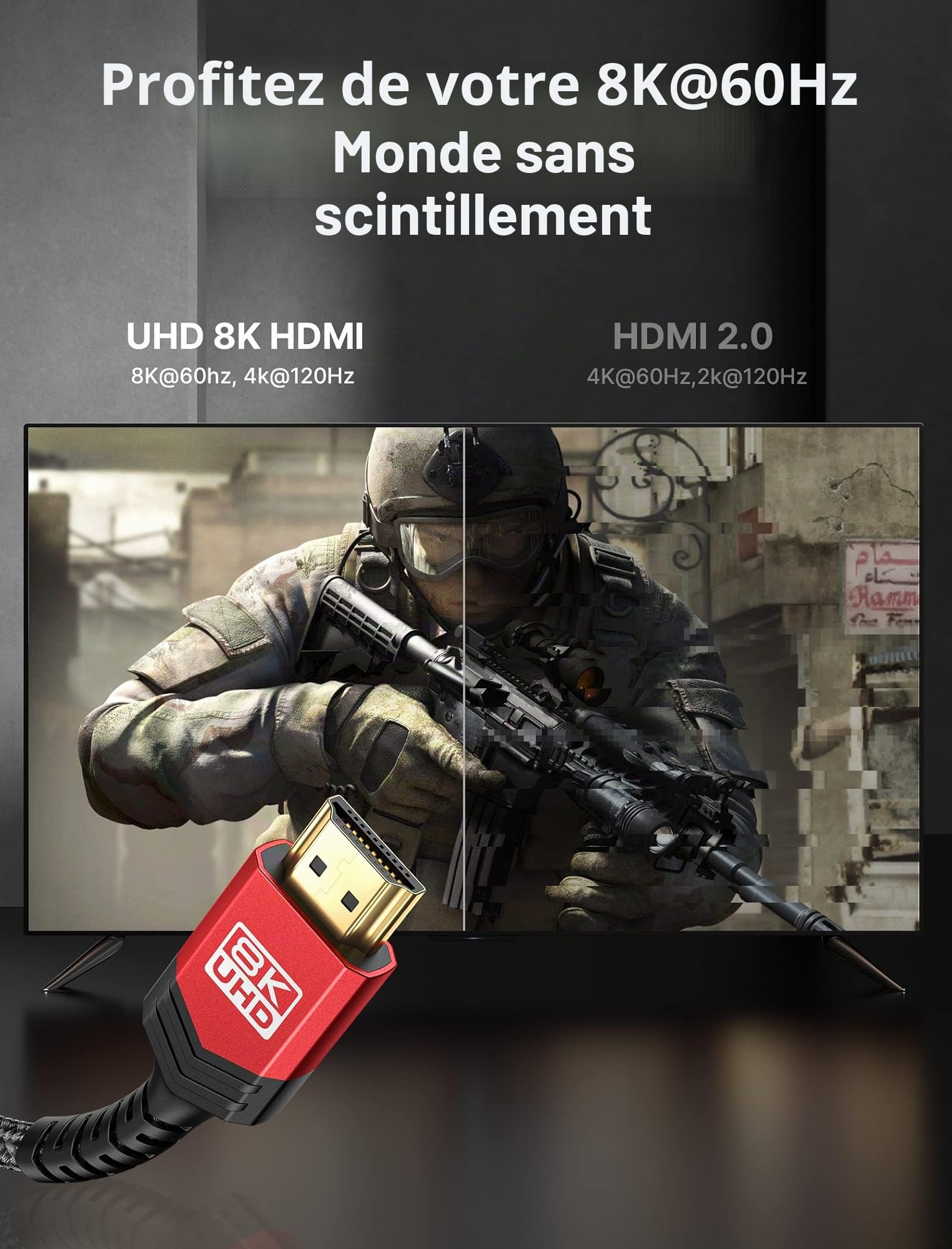 JSAUX Câble HDMI 10 m, long câble HDMI 2.1 fibre optique 8 K haute vitesse 48 Gbps 8 K @ 60 Hz, 4K @ 120 Hz, UHD HDR 10+, eARC, Dolby Vision, 3D, VRR, compatible avec PS4, PS5, 8 K Gaming