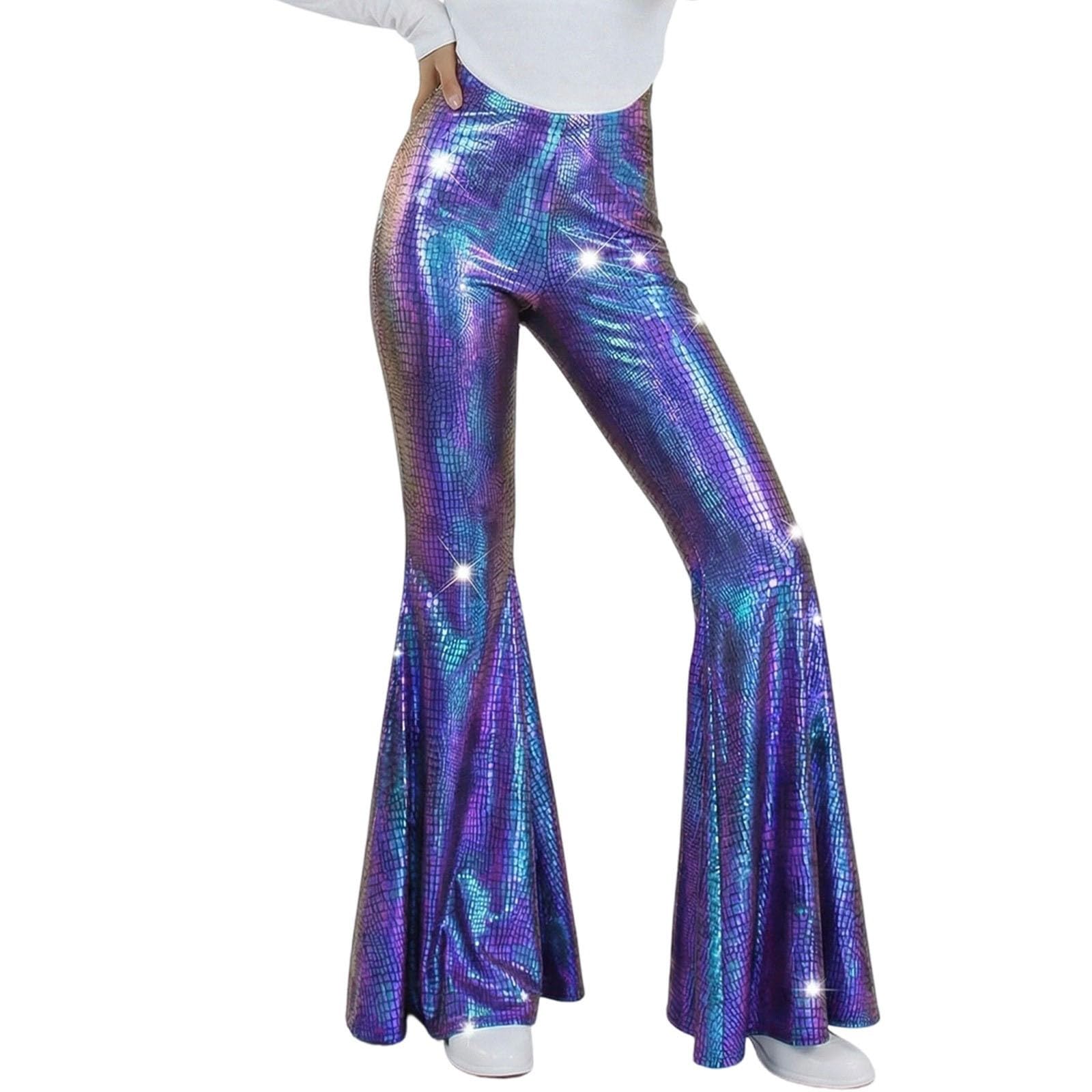 Women's Shiny Flare Pants, 80's High Waist Metallic Flared Trousers for Disco, Wide Length Leggings for Dancewear Nightclub, Full Length for Party Carnival S-2XL