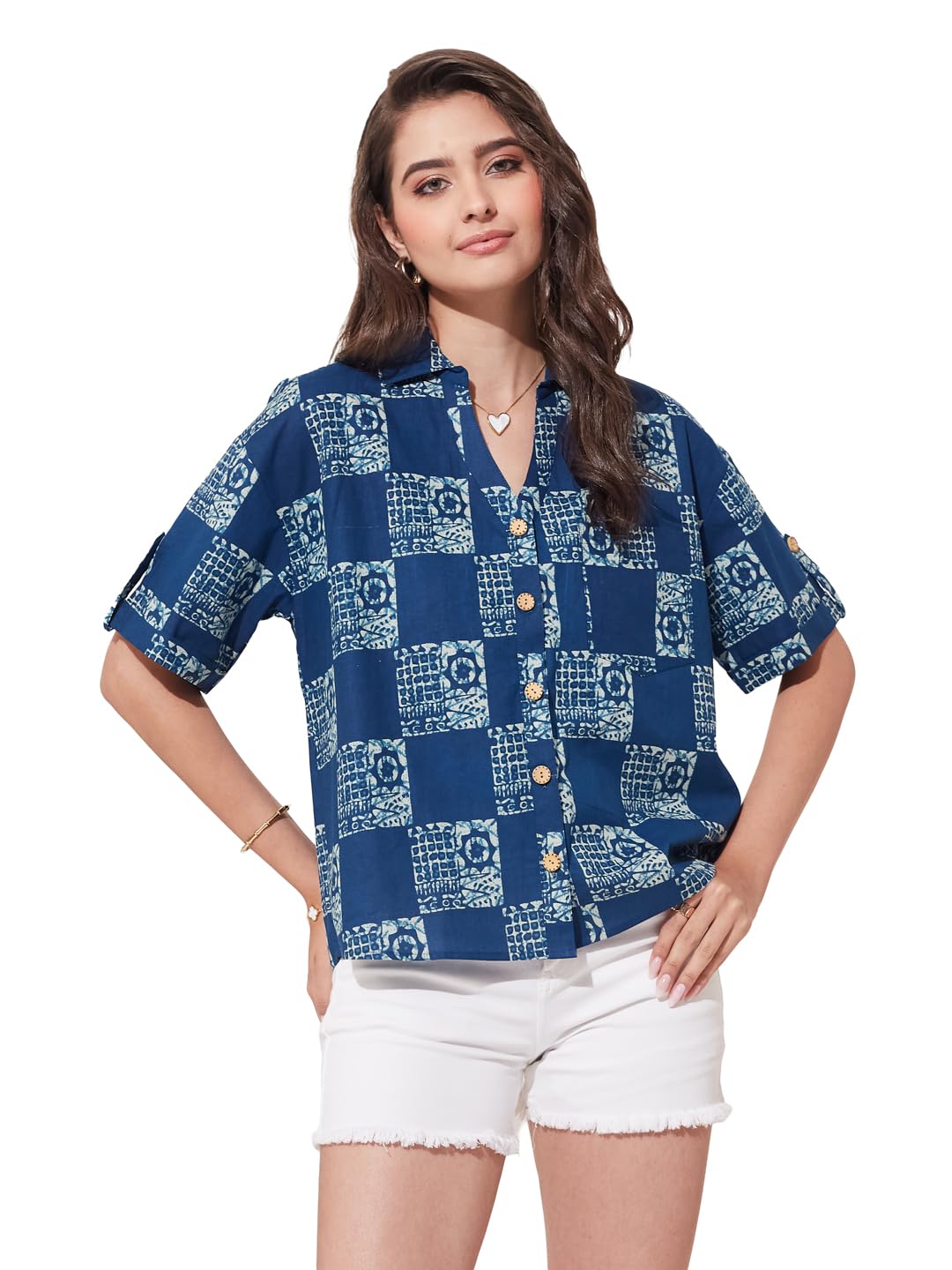 j turritopsis Women’s Cotton Modern Fit Indigo Printed Half Sleeve Button Down Casual Shirt-picture-12